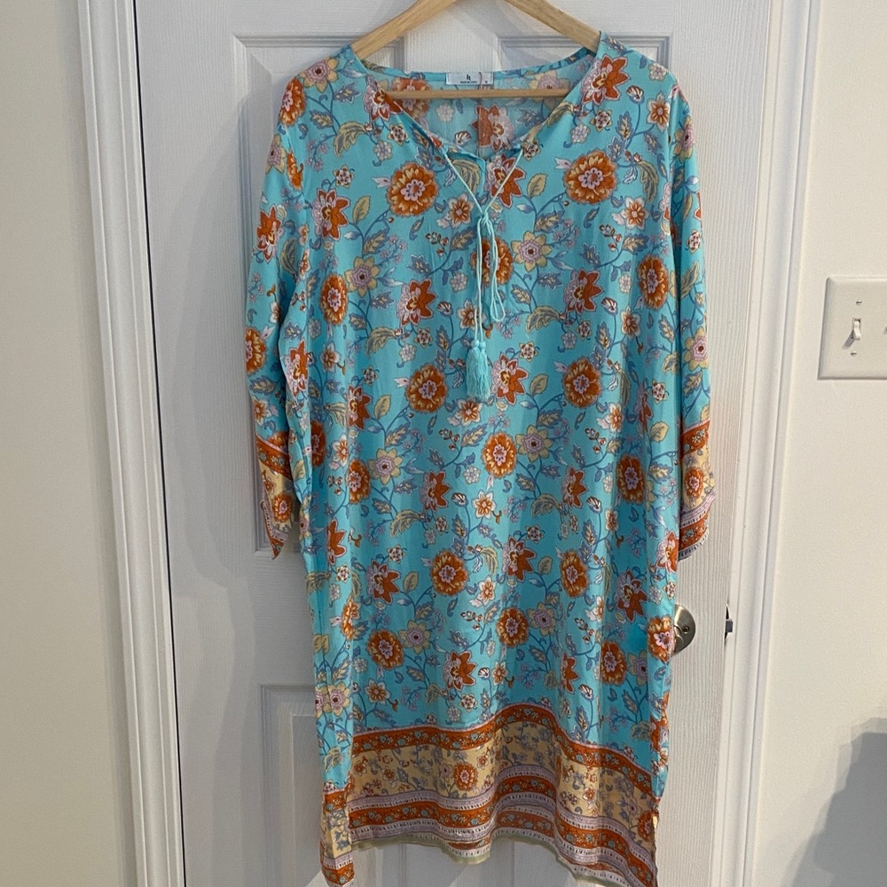 Hotouch Floral Blue and Orange Tunic Dress size XL